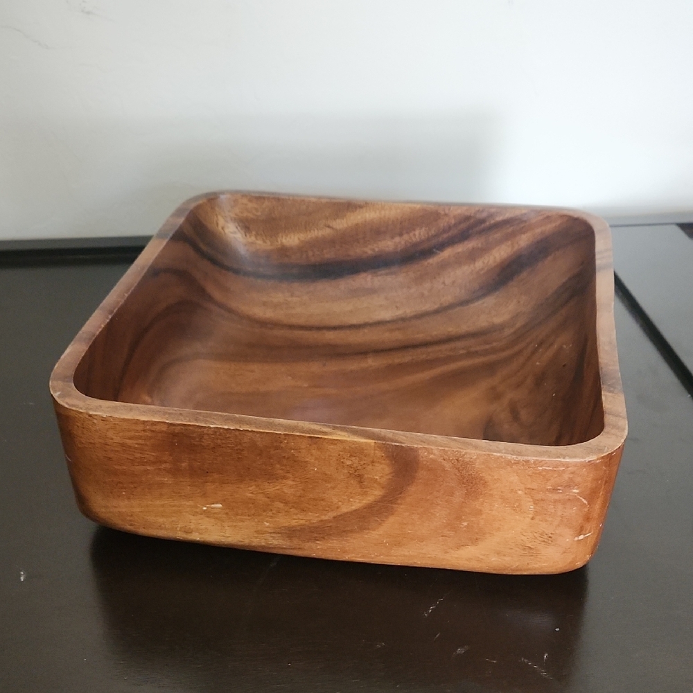 Vintage Acacia Wood Square Bowl